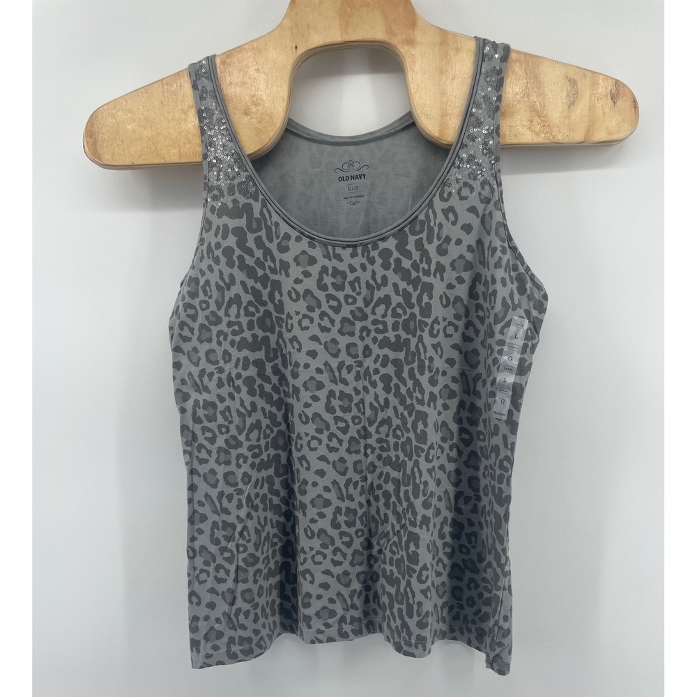 Old Navy Tank Top Women Lg Grey Leopard Print Sequin Accents Sleeveless Glam NWT